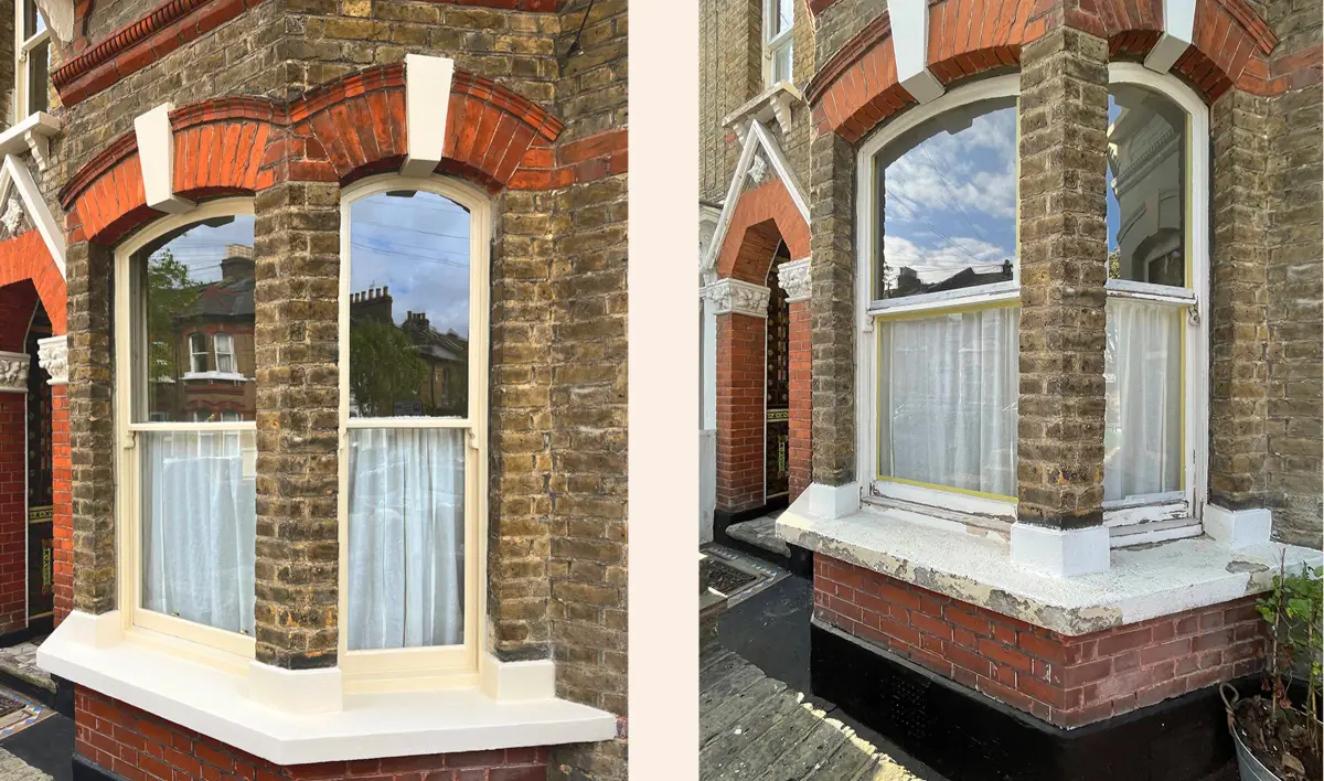 Restored wooden sash windows with elegant curved tops on double bay