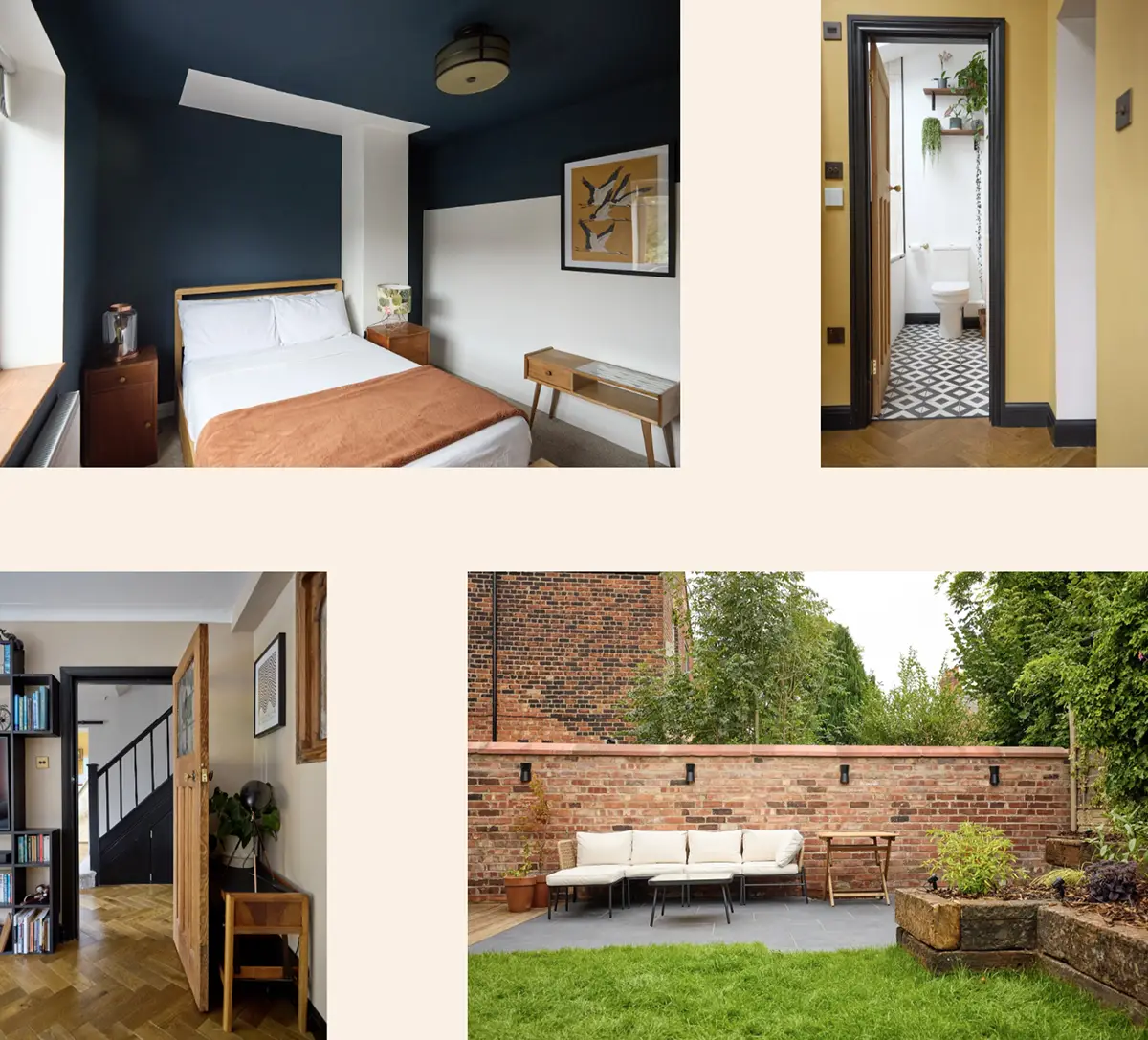 Kitchen fittings detail — antique brass switches and shelved display