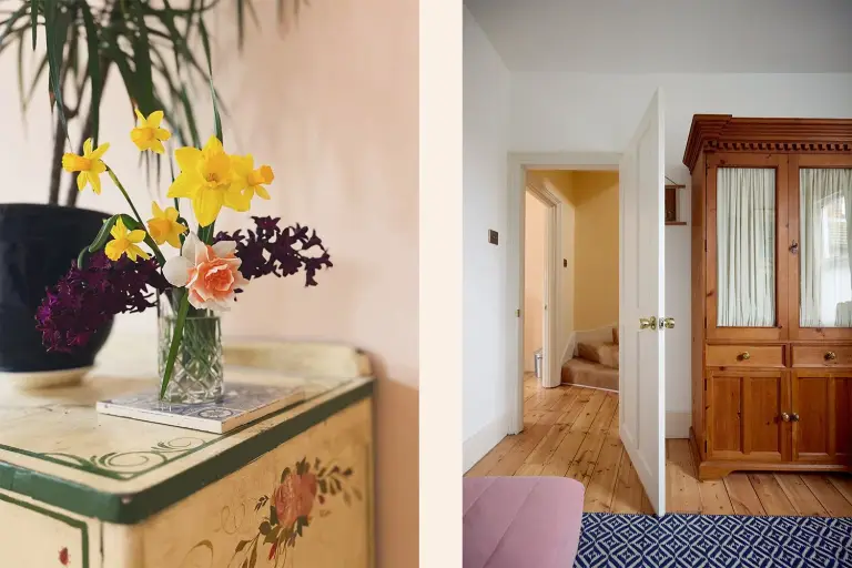 Bedroom with antique marble-topped washstand and burr walnut furniture