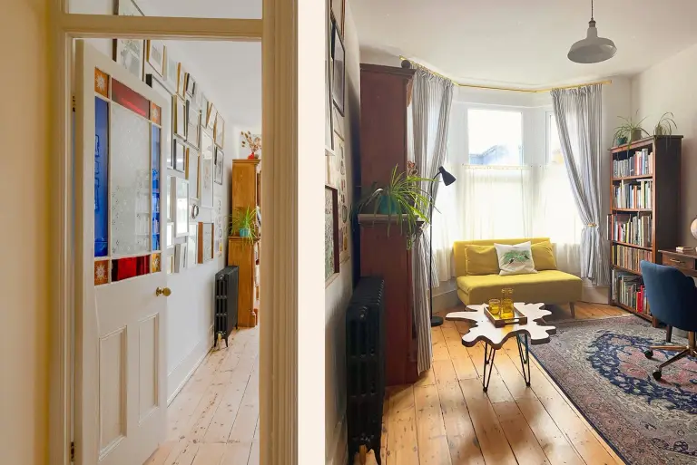 Study bedroom with restored stained glass door and gallery wall
